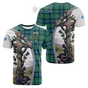 Ferguson (Fergusson) Tartan Cotton T-shirt with Family Crest and St. Andrew's Cross Accented by Thistle Vines