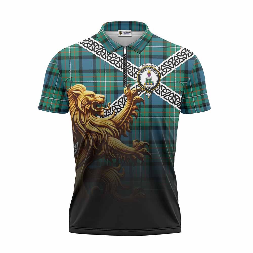 Ferguson (Fergusson) Crest Tartan Zipper Polo Shirt with Golden Lion Emblem Celtic Style Unisex - Tartan Vibes Clothing