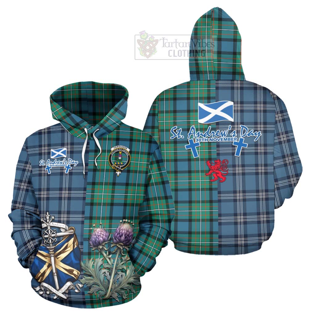 Tartan Vibes Clothing Ferguson (Fergusson) Tartan Hoodie Happy St. Andrew's Day Half Tartan Style