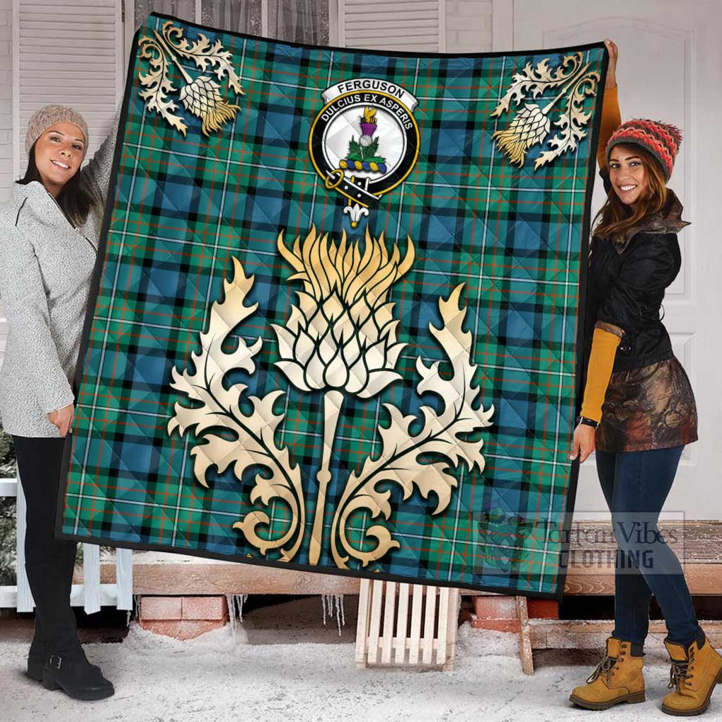 Tartan Vibes Clothing Ferguson (Fergusson) Tartan Quilt with Family Crest and Golden Thistle Style