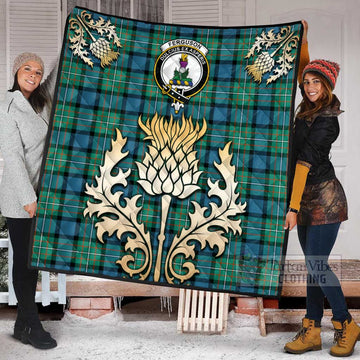 Ferguson (Fergusson) Tartan Quilt with Family Crest and Golden Thistle Style