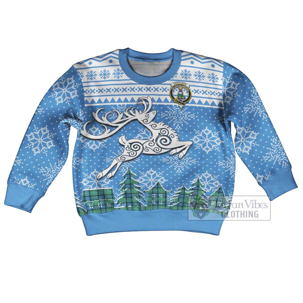 Tartan Vibes Clothing Ferguson (Fergusson) Clan Christmas Kid Ugly Sweater with Tartan and Celtic Raindeer Style