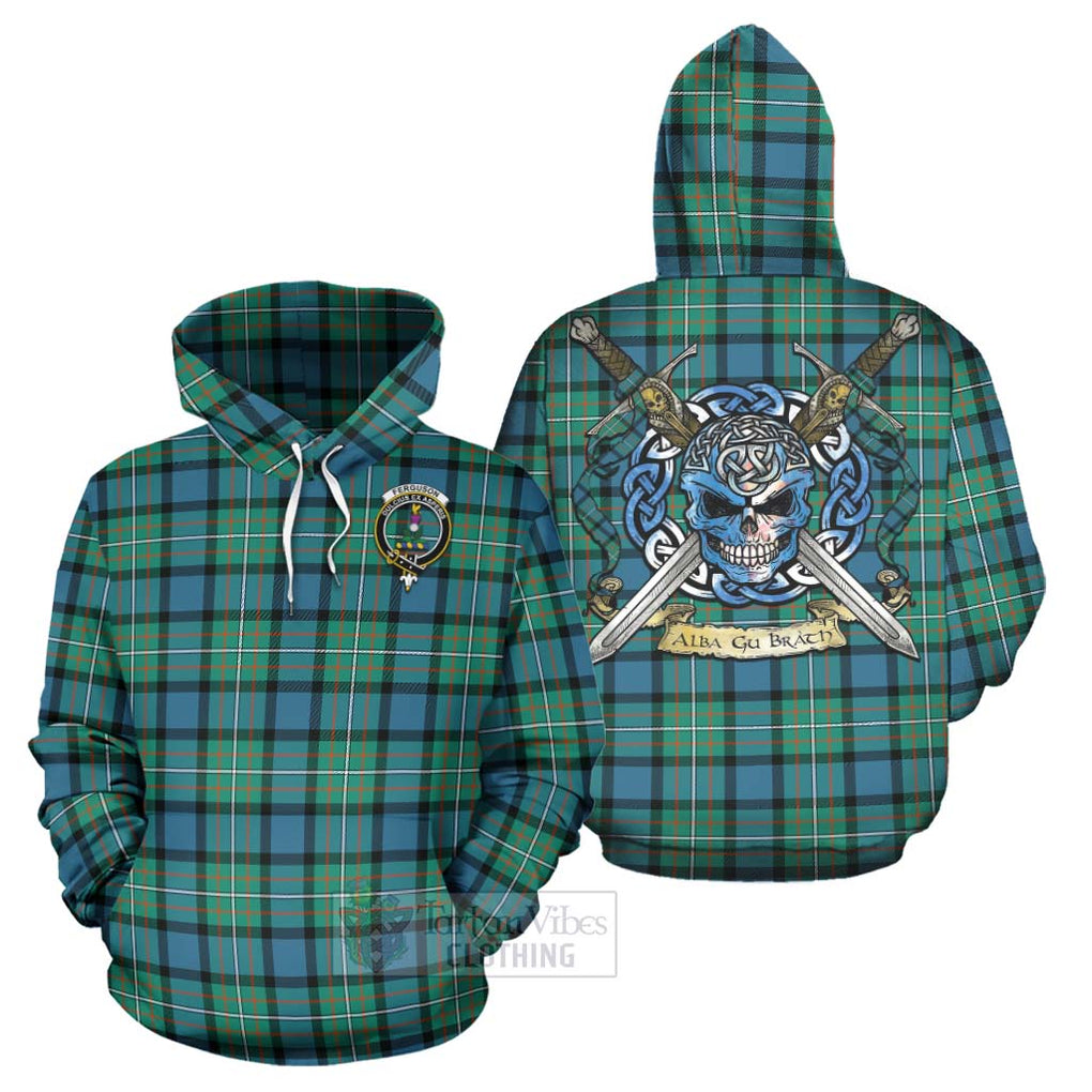 Tartan Vibes Clothing Ferguson (Fergusson) Tartan Hoodie with Family Crest Celtic Skull Style