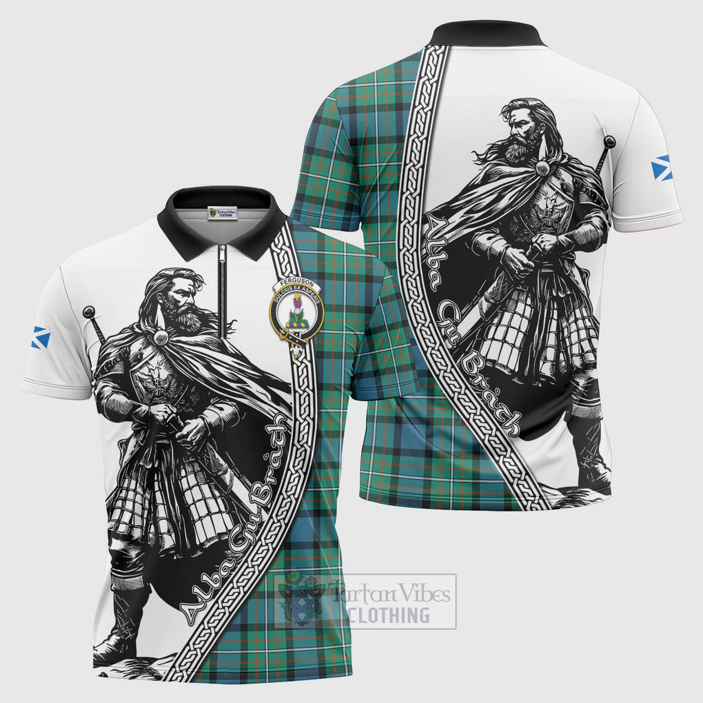 Tartan Vibes Clothing Ferguson (Fergusson) Tartan Clan Crest Zipper Polo Shirt with Highlander Warrior Celtic Style