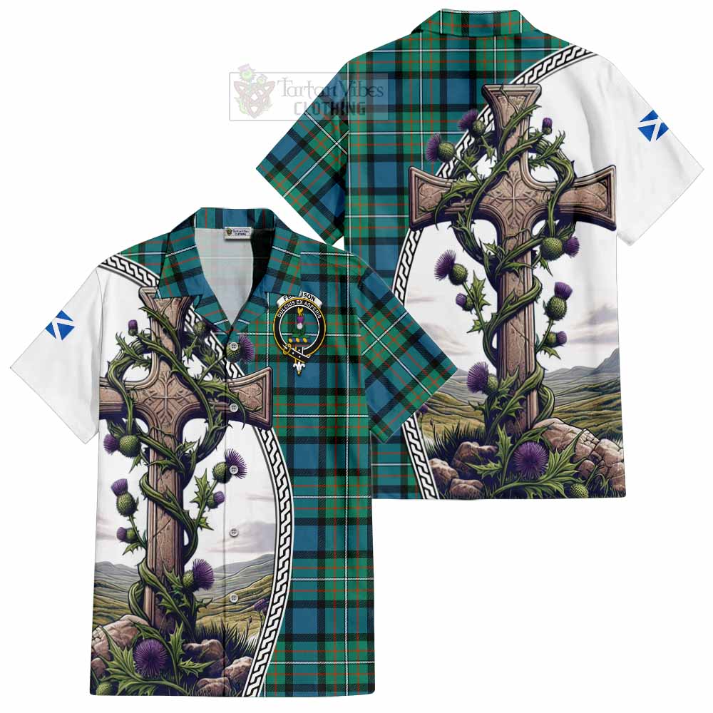 Tartan Vibes Clothing Ferguson (Fergusson) Tartan Short Sleeve Button Shirt with Family Crest and St. Andrew's Cross Accented by Thistle Vines