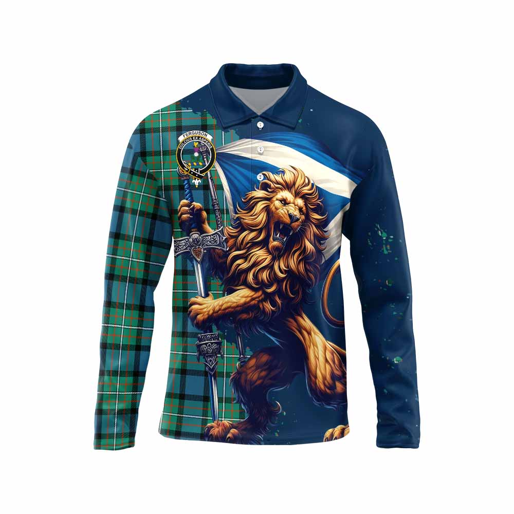 Tartan Vibes Clothing Ferguson (Fergusson) Tartan Family Crest Long Sleeve Polo Shirt with Scottish Majestic Lion