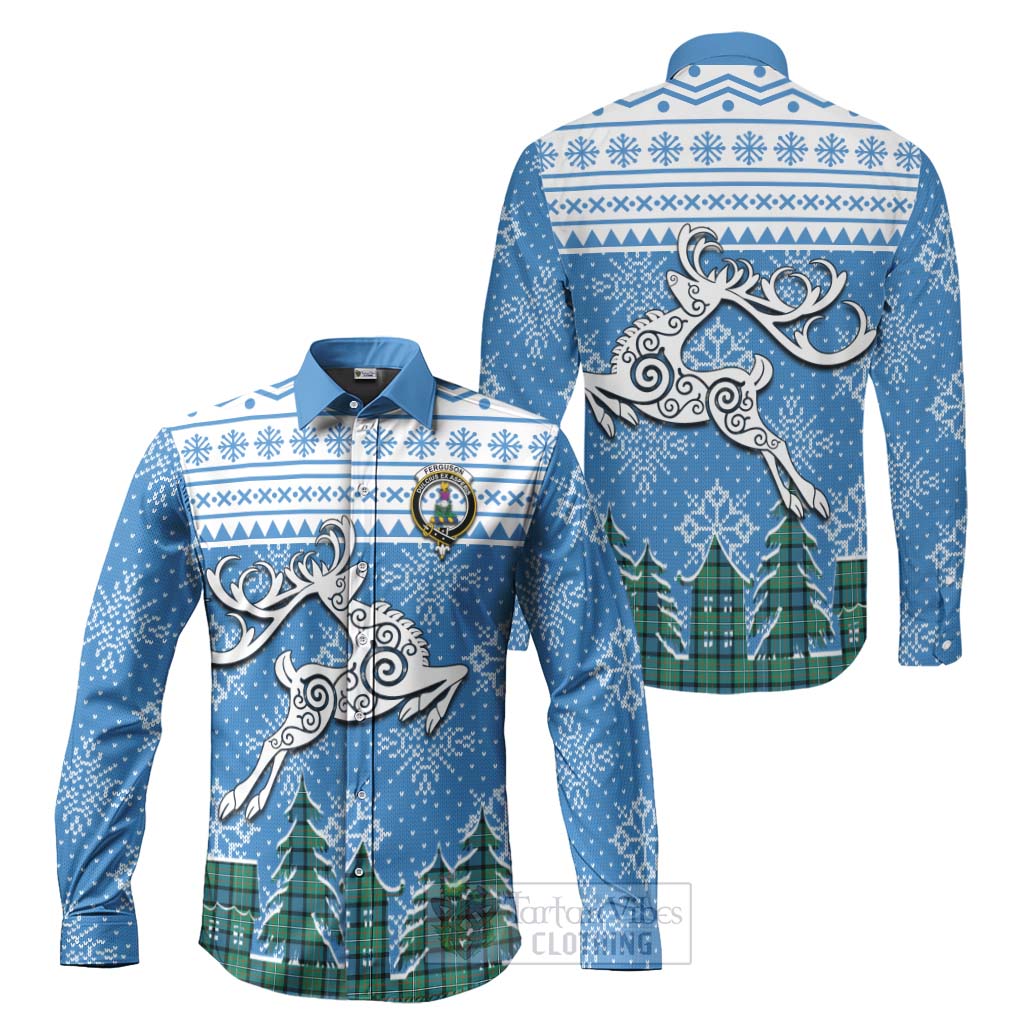 Tartan Vibes Clothing Ferguson (Fergusson) Clan Christmas Long Sleeve Button Shirt Celtic Reindeer Style