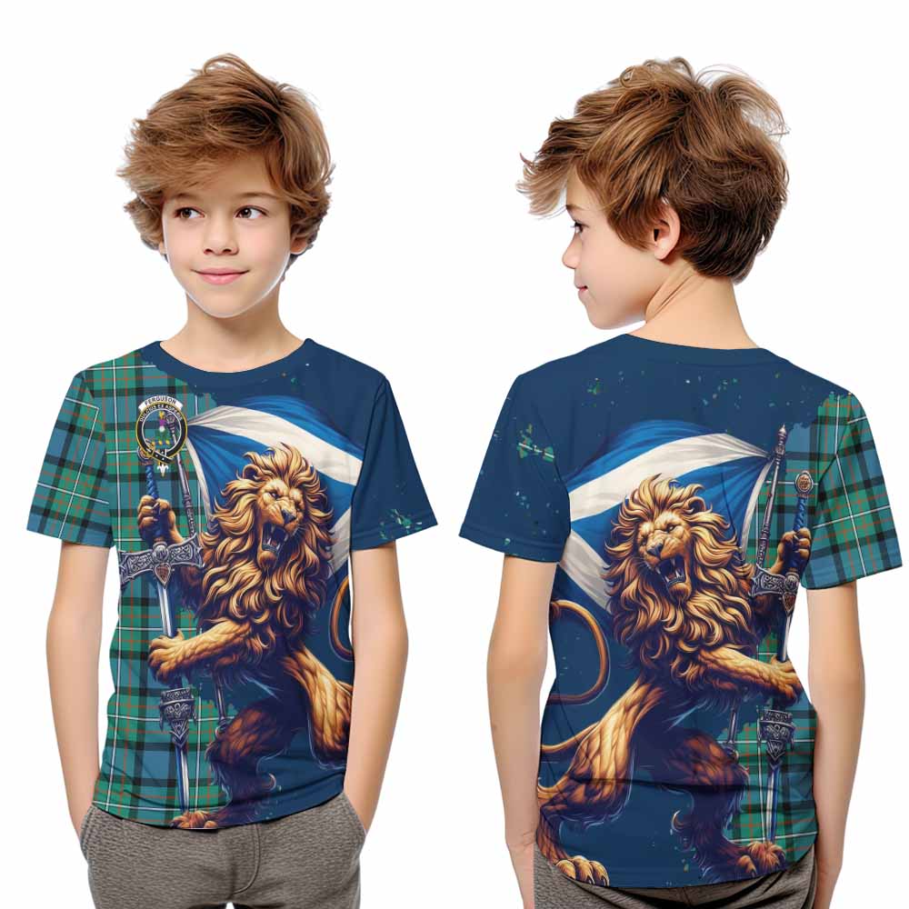 Tartan Vibes Clothing Ferguson (Fergusson) Tartan Family Crest Kid T-Shirt with Scottish Majestic Lion