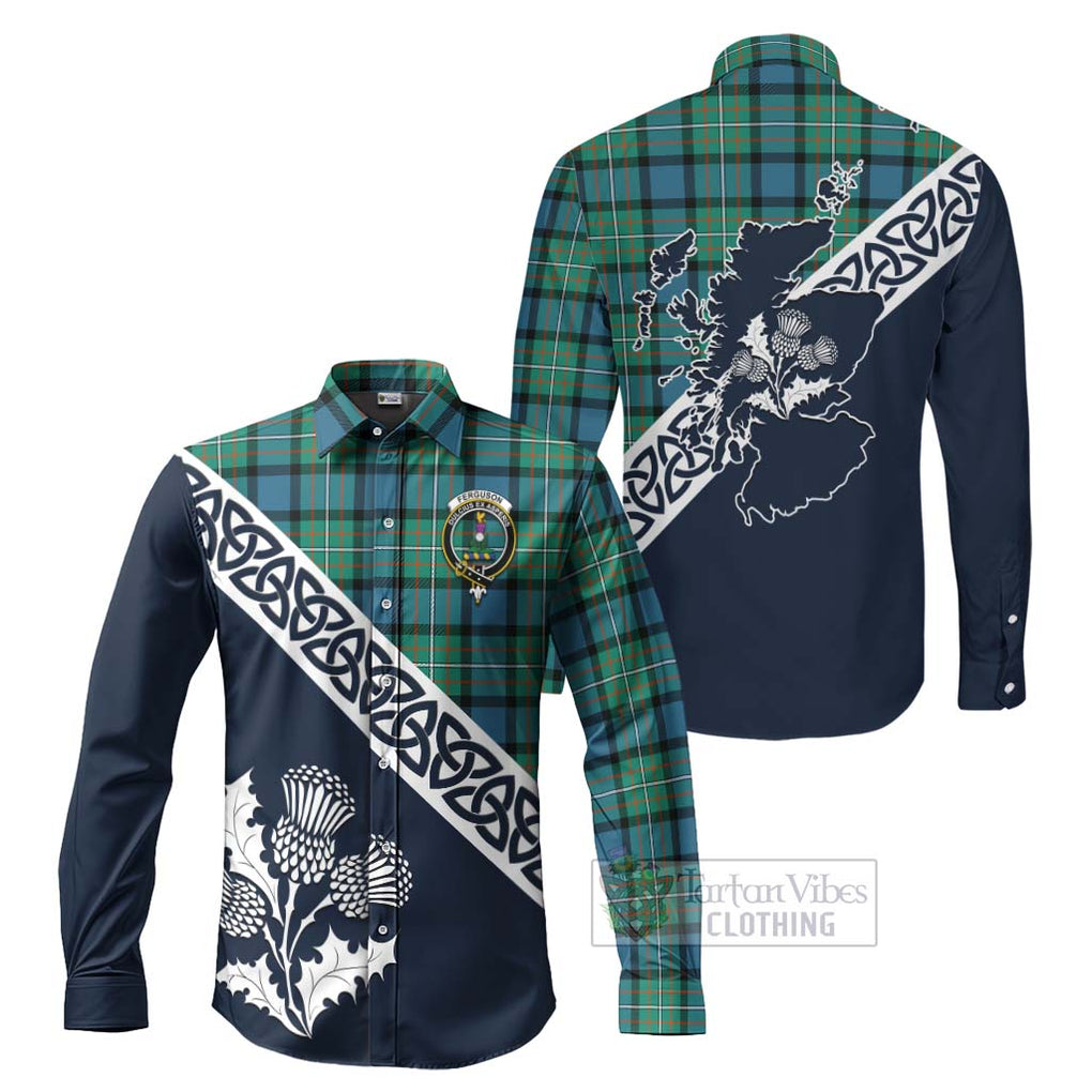 Tartan Vibes Clothing Ferguson (Fergusson) Tartan Long Sleeve Button Shirt Featuring Thistle and Scotland Map