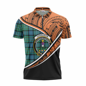 Ferguson (Fergusson) Crest Tartan Zipper Polo Shirt with Polynesian Vibes Style - Orange Version