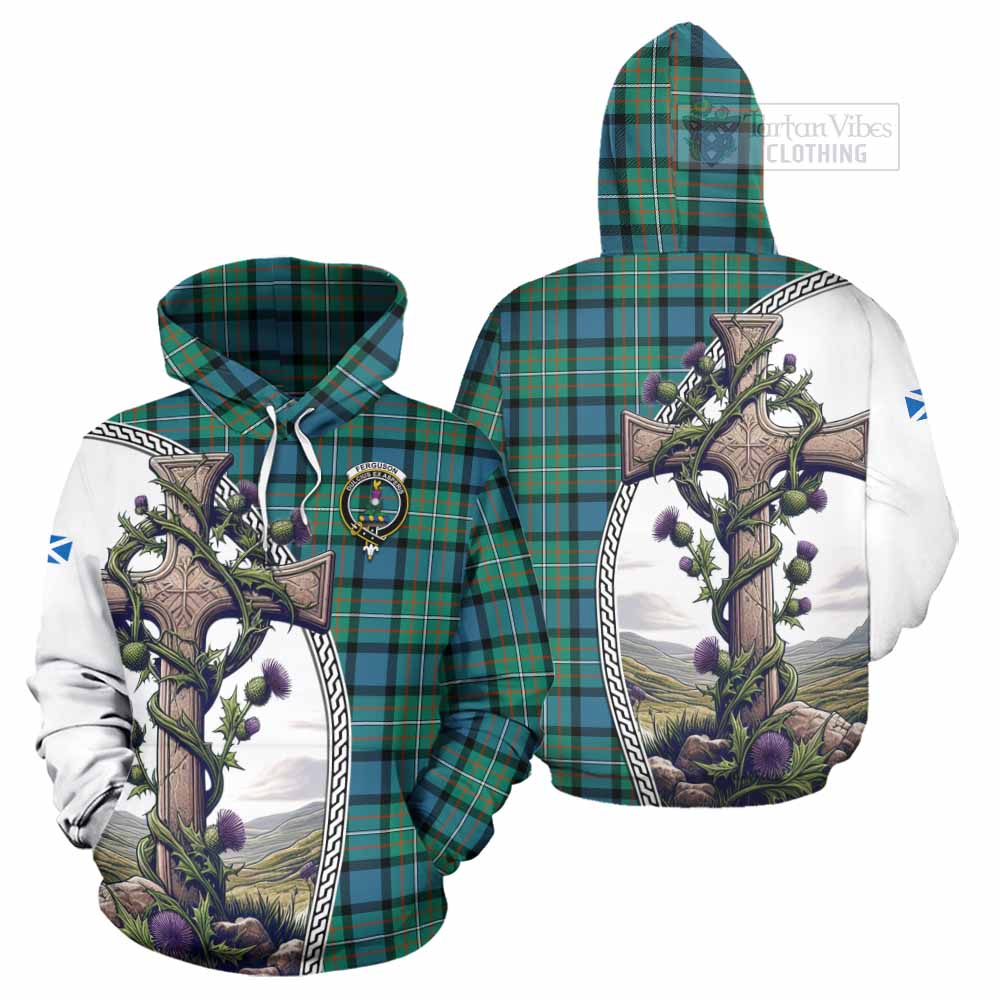 Tartan Vibes Clothing Ferguson (Fergusson) Tartan Hoodie with Family Crest and St. Andrew's Cross Accented by Thistle Vines