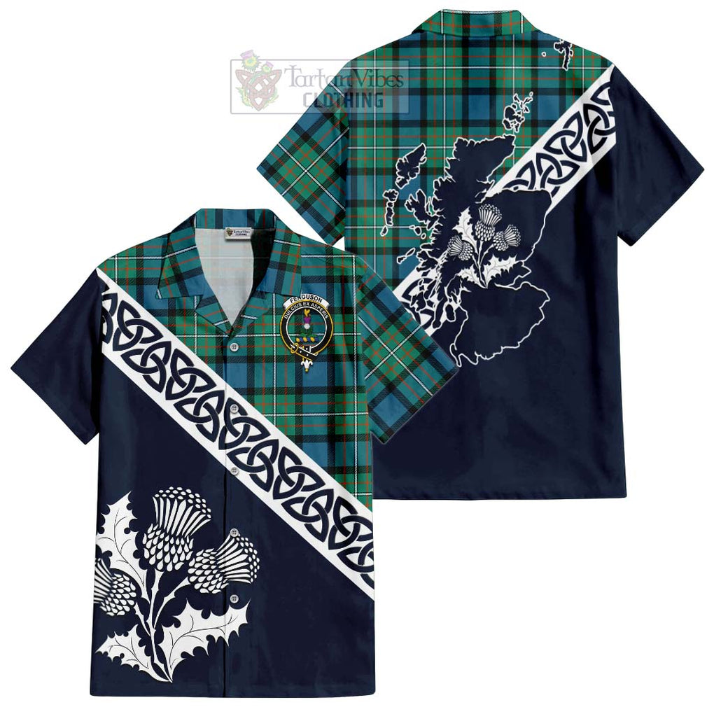 Tartan Vibes Clothing Ferguson (Fergusson) Tartan Short Sleeve Button Shirt Featuring Thistle and Scotland Map