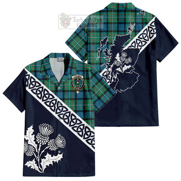 Ferguson (Fergusson) Tartan Short Sleeve Button Shirt Featuring Thistle and Scotland Map