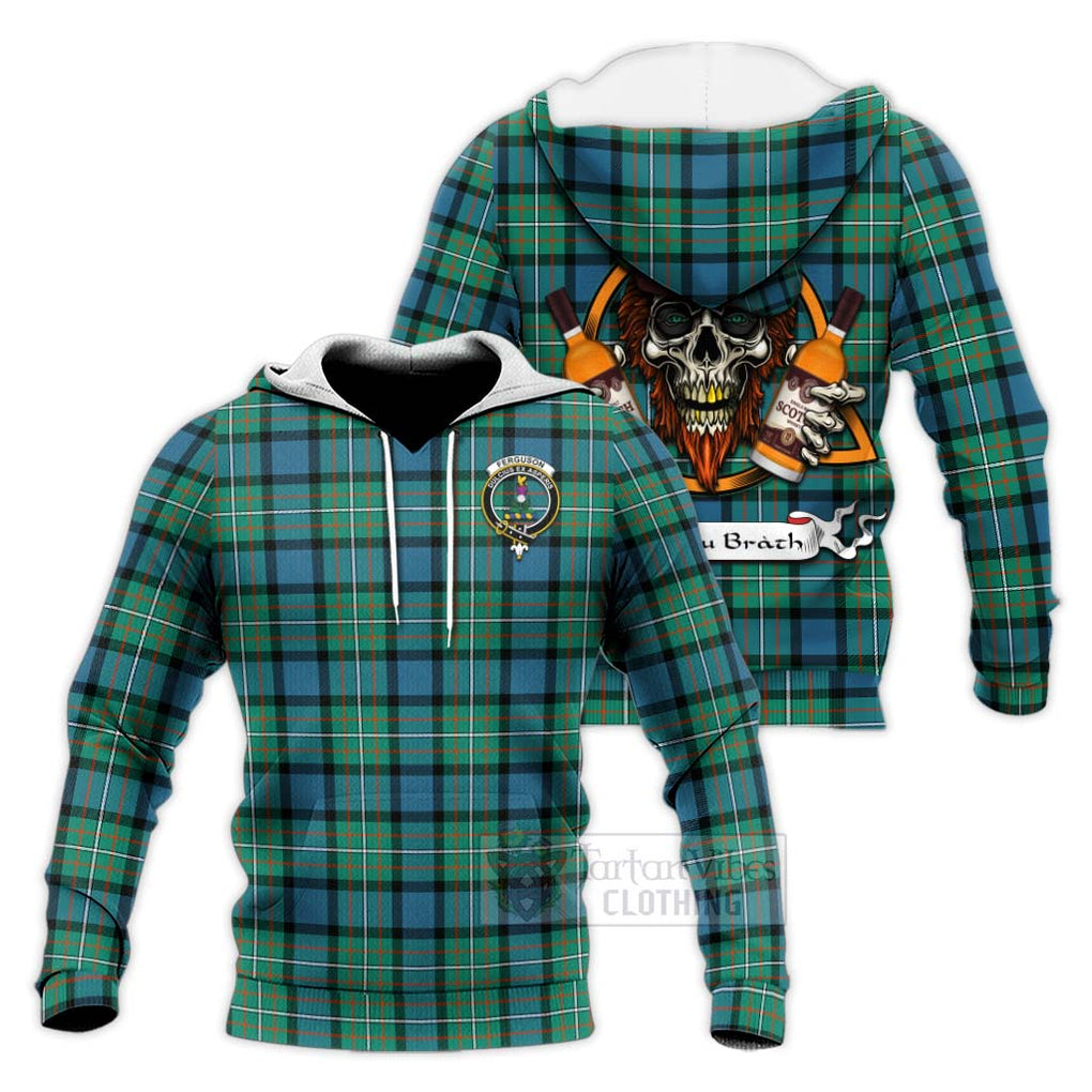 Tartan Vibes Clothing Ferguson (Fergusson) Tartan Knitted Hoodie with Family Crest and Bearded Skull Holding Bottles of Whiskey