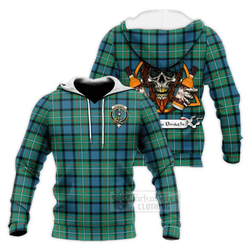 Ferguson (Fergusson) Tartan Knitted Hoodie with Family Crest and Bearded Skull Holding Bottles of Whiskey