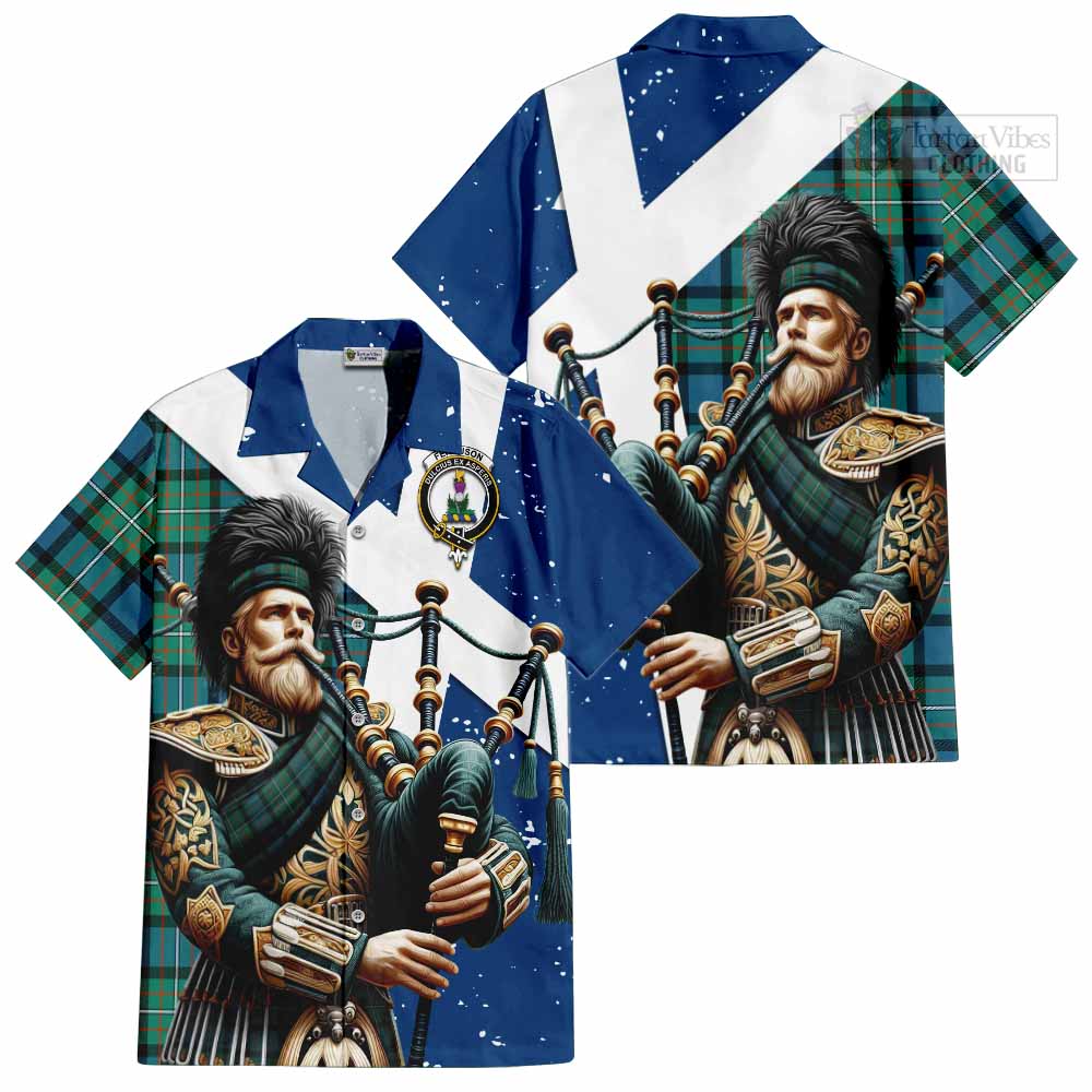 Tartan Vibes Clothing Ferguson (Fergusson) Tartan Short Sleeve Button Shirt with Family Crest Scottish Bagpiper Vibes