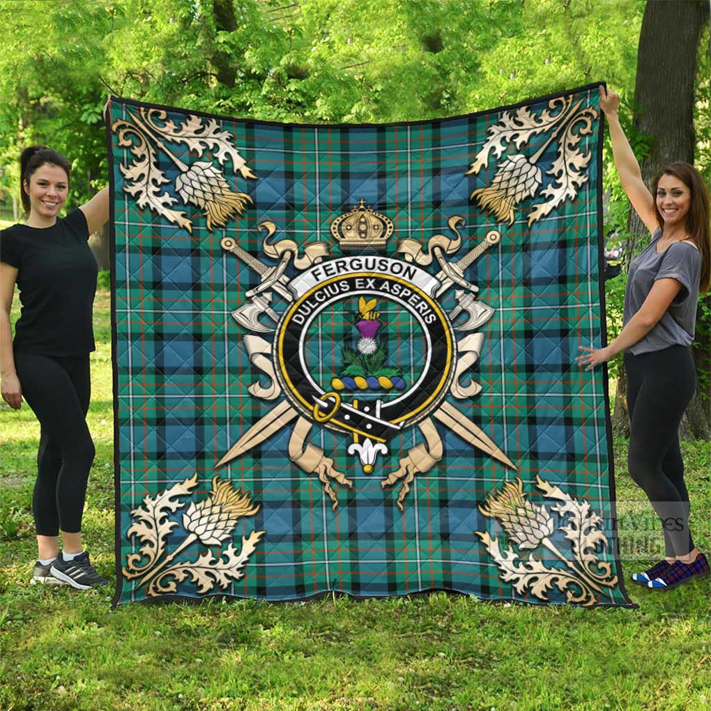 Tartan Vibes Clothing Ferguson (Fergusson) Tartan Quilt with Family Crest and Scottish Golden Courage Shield