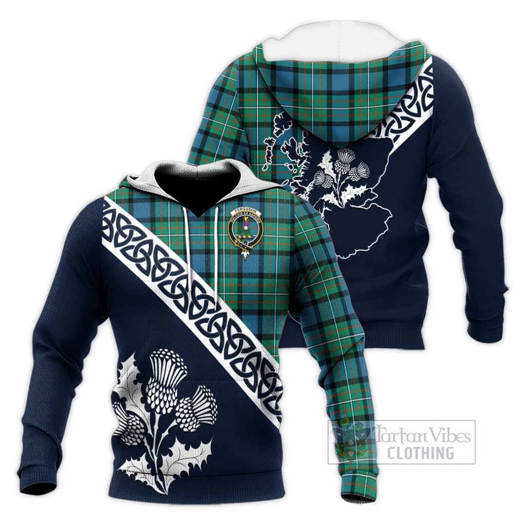 Tartan Vibes Clothing Ferguson (Fergusson) Tartan Knitted Hoodie Featuring Thistle and Scotland Map