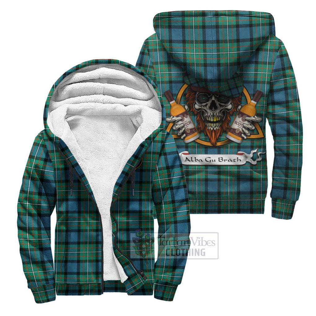 Tartan Vibes Clothing Ferguson (Fergusson) Tartan Sherpa Hoodie with Family Crest and Bearded Skull Holding Bottles of Whiskey