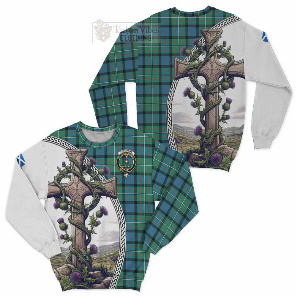 Tartan Vibes Clothing Ferguson (Fergusson) Tartan Sweatshirt with Family Crest and St. Andrew's Cross Accented by Thistle Vines