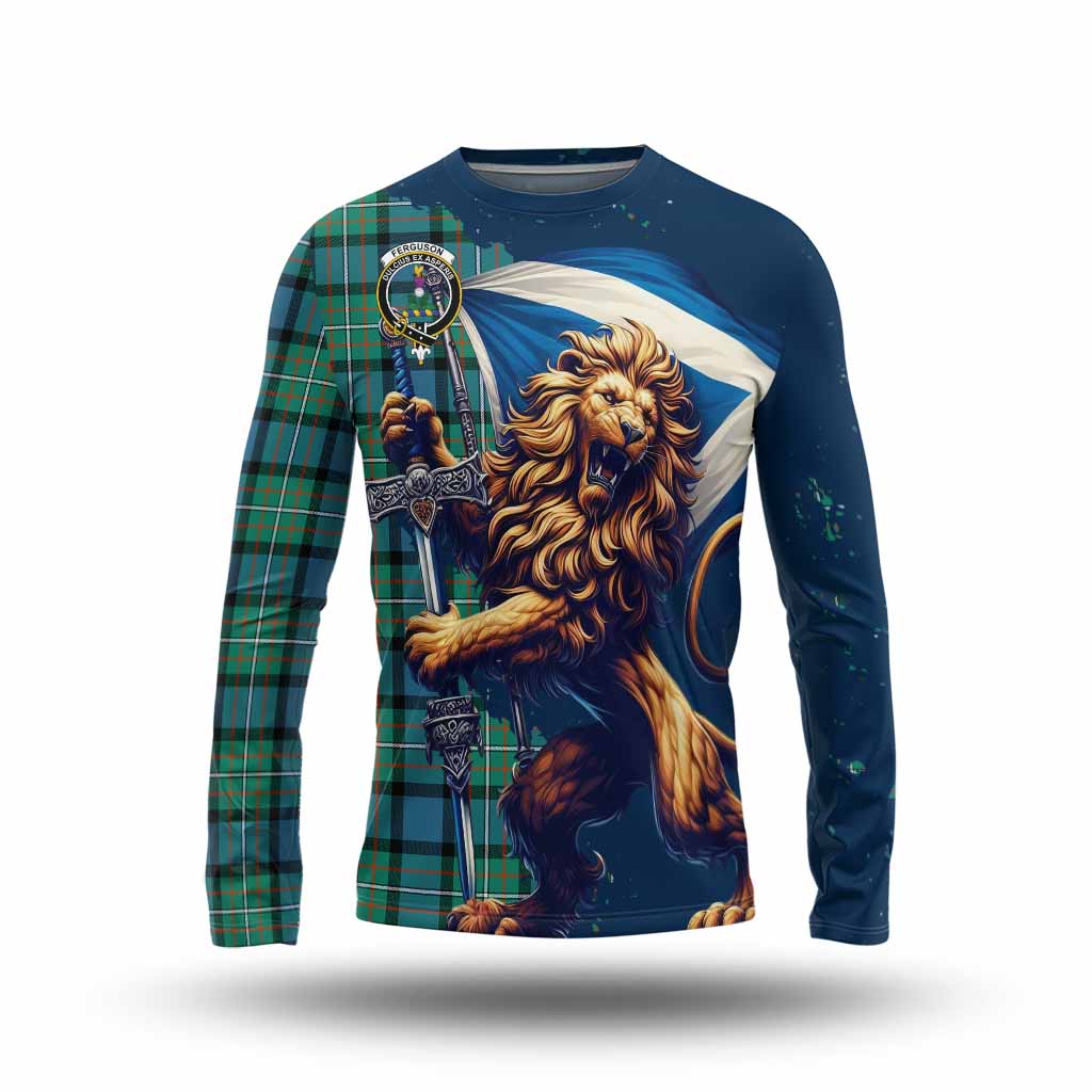 Tartan Vibes Clothing Ferguson (Fergusson) Tartan Family Crest Long Sleeve T-Shirt with Scottish Majestic Lion