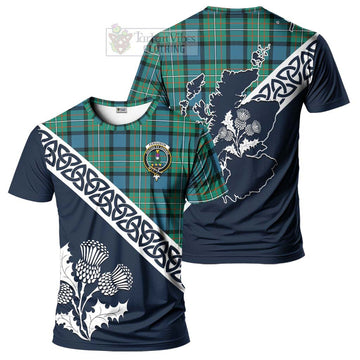 Ferguson (Fergusson) Tartan T-Shirt Featuring Thistle and Scotland Map