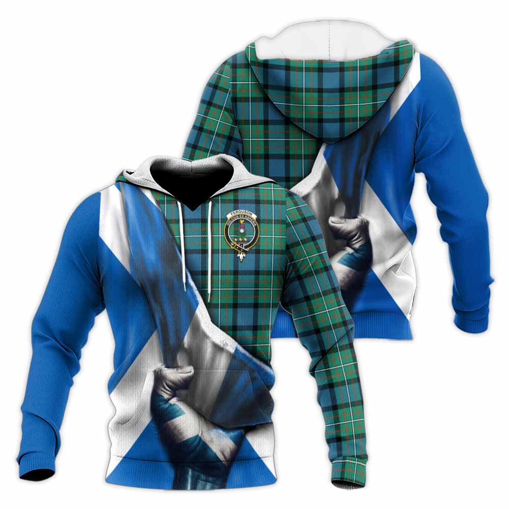 Tartan Vibes Clothing Ferguson (Fergusson) Tartan Knitted Hoodie with Family Crest Scotland Patriotic Style