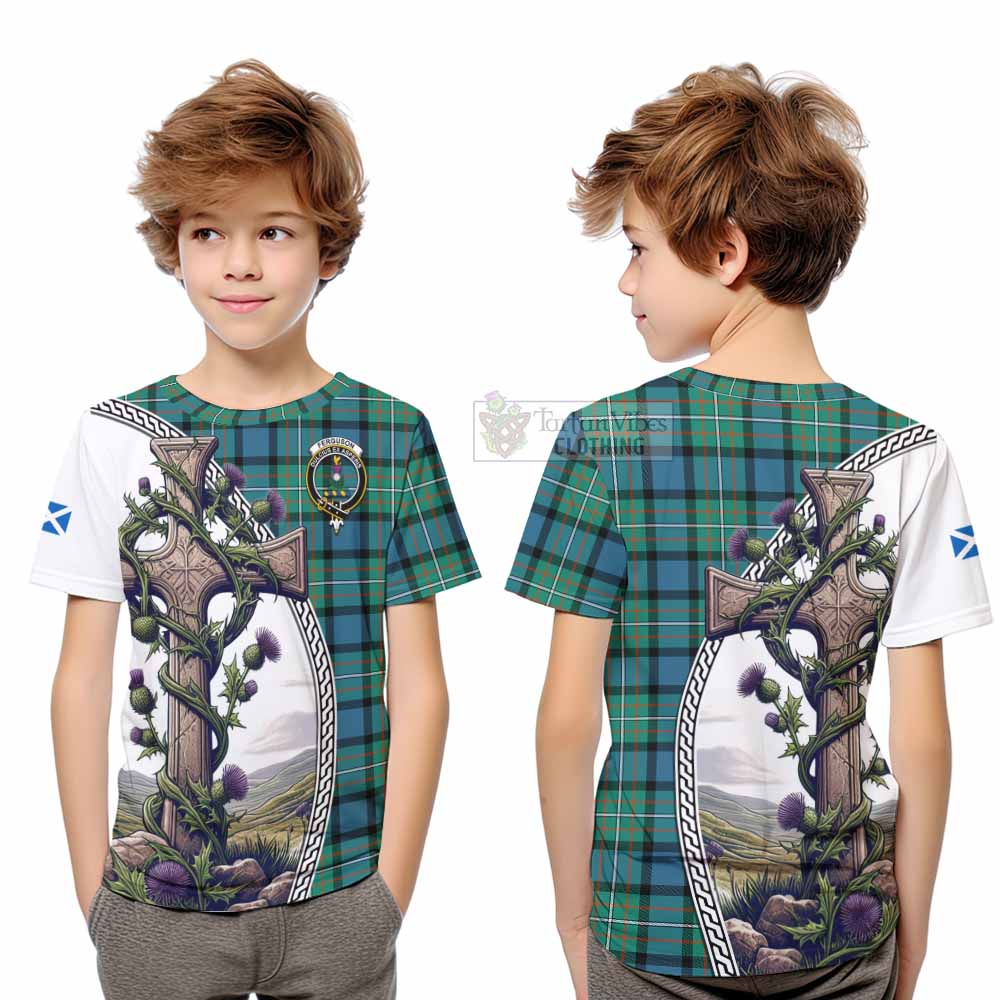 Tartan Vibes Clothing Ferguson (Fergusson) Tartan Kid T-Shirt with Family Crest and St. Andrew's Cross Accented by Thistle Vines