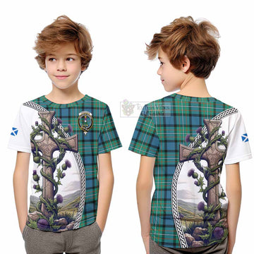 Ferguson (Fergusson) Tartan Kid T-Shirt with Family Crest and St. Andrew's Cross Accented by Thistle Vines