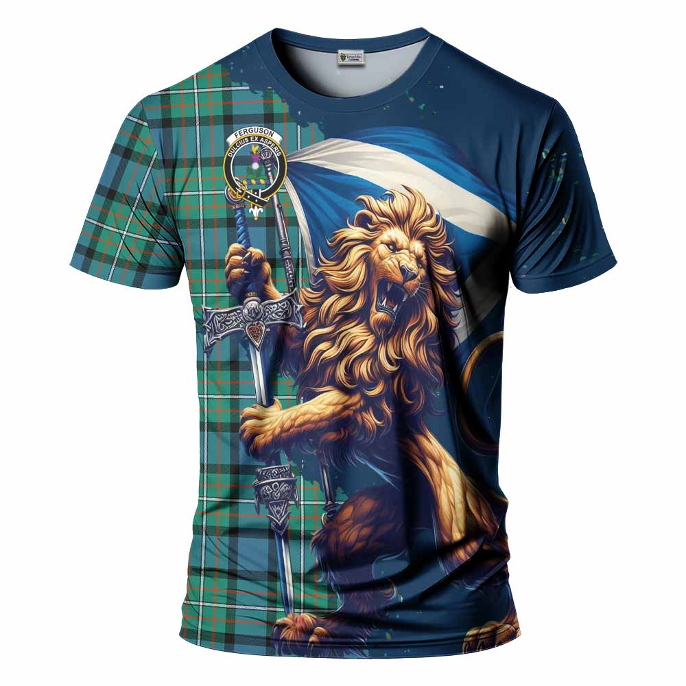 Tartan Vibes Clothing Ferguson (Fergusson) Tartan Family Crest T-Shirt with Scottish Majestic Lion