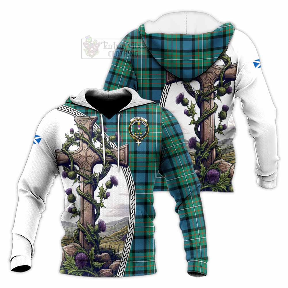 Tartan Vibes Clothing Ferguson (Fergusson) Tartan Knitted Hoodie with Family Crest and St. Andrew's Cross Accented by Thistle Vines