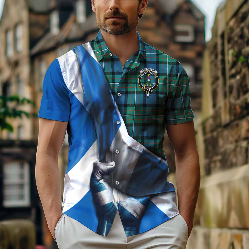 Tartan Vibes Clothing Ferguson (Fergusson) Tartan Short Sleeve Button Shirt with Family Crest Scotland Patriotic Style