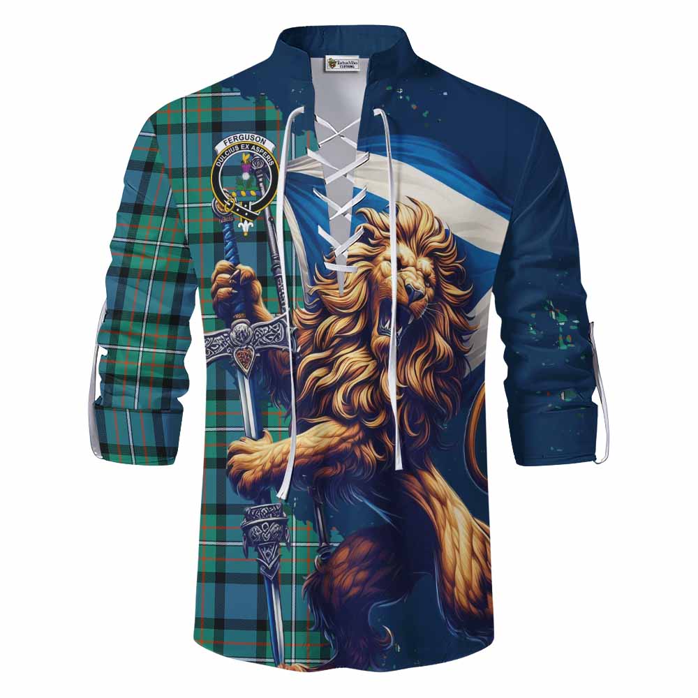 Tartan Vibes Clothing Ferguson (Fergusson) Tartan Family Crest Ghillie Kilt Shirt with Scottish Majestic Lion