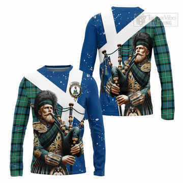 Ferguson (Fergusson) Tartan Long Sleeve T-Shirt with Family Crest Scottish Bagpiper Vibes