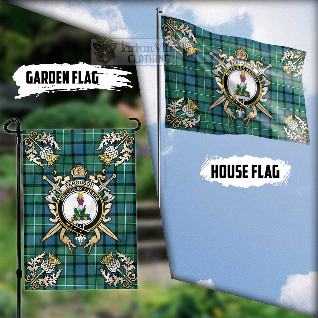 Tartan Vibes Clothing Ferguson (Fergusson) Tartan Flag with Family Crest and Golden Thistle Crossed Sword Design