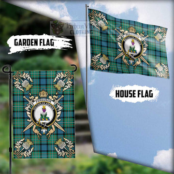 Ferguson (Fergusson) Tartan Flag with Family Crest and Golden Thistle Crossed Sword Design