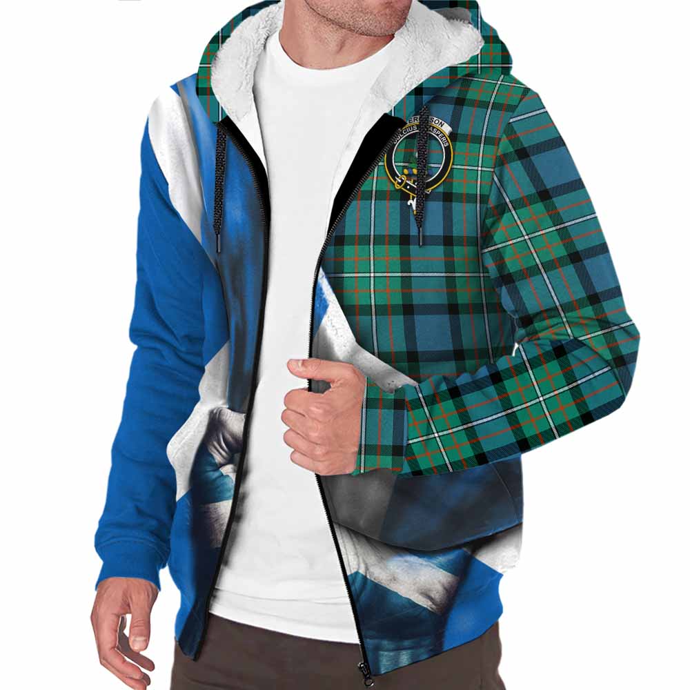 Tartan Vibes Clothing Ferguson (Fergusson) Tartan Sherpa Hoodie with Family Crest Scotland Patriotic Style