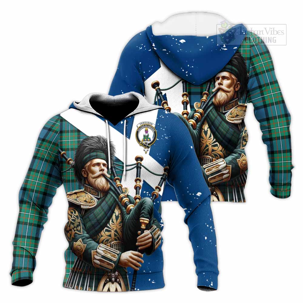 Tartan Vibes Clothing Ferguson (Fergusson) Tartan Knitted Hoodie with Family Crest Scottish Bagpiper Vibes