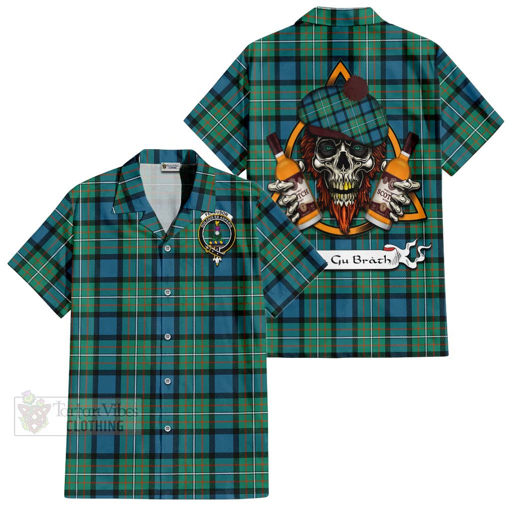 Tartan Vibes Clothing Ferguson (Fergusson) Tartan Short Sleeve Button Shirt with Family Crest and Bearded Skull Holding Bottles of Whiskey