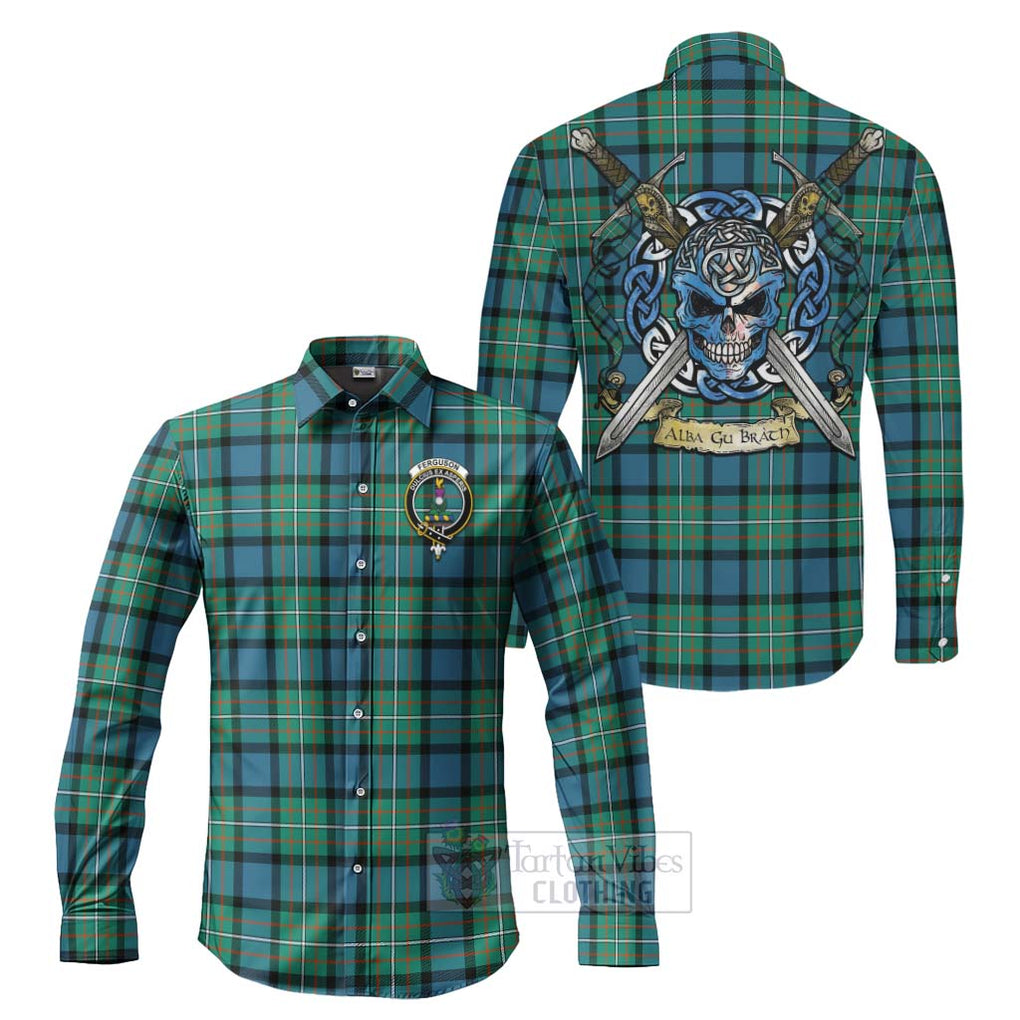 Tartan Vibes Clothing Ferguson (Fergusson) Tartan Long Sleeve Button Shirt with Family Crest Celtic Skull Style