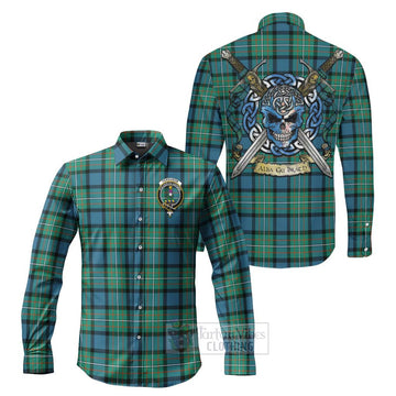 Ferguson (Fergusson) Tartan Long Sleeve Button Shirt with Family Crest Celtic Skull Style