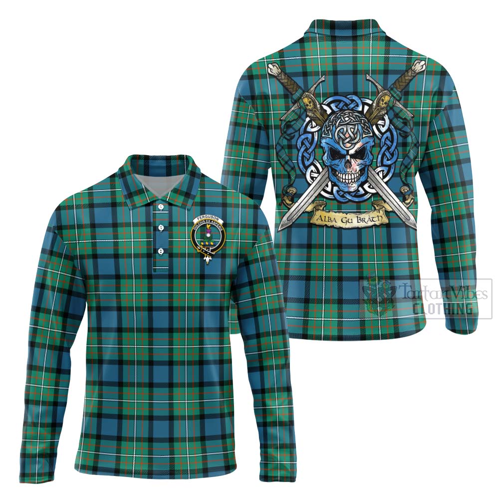 Tartan Vibes Clothing Ferguson (Fergusson) Tartan Long Sleeve Polo Shirt with Family Crest Celtic Skull Style