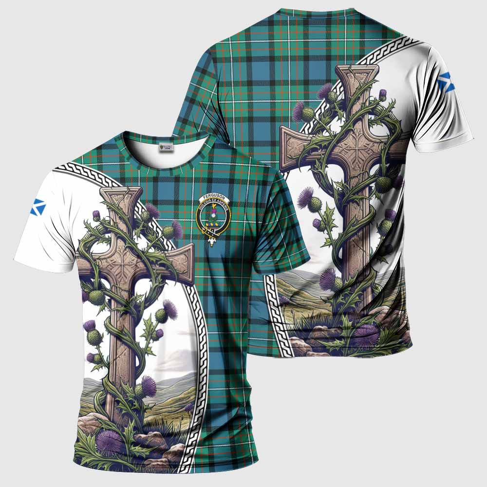 Tartan Vibes Clothing Ferguson (Fergusson) Agnew Tartan T-Shirt with Family Crest and St. Andrew's Cross Accented by Thistle Vines