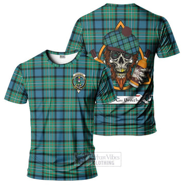 Ferguson (Fergusson) Tartan T-Shirt with Family Crest and Bearded Skull Holding Bottles of Whiskey