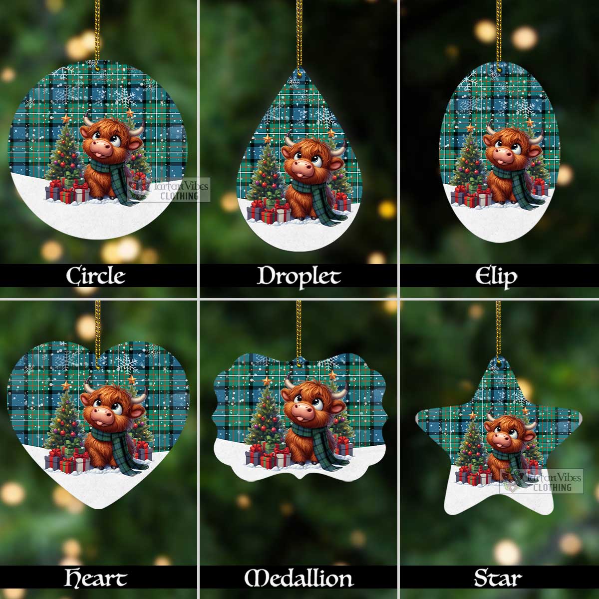 Tartan Vibes Clothing Ferguson (Fergusson) Tartan Christmas Aluminium Ornament with Adorable Highland Coo