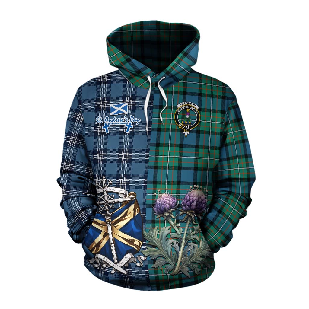 Tartan Vibes Clothing Ferguson (Fergusson) Tartan Cotton Hoodie Happy St. Andrew's Day Half Tartan Style