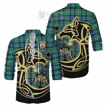 Ferguson (Fergusson) Tartan Ghillie Kilt Shirt with Family Crest Celtic Wolf Style