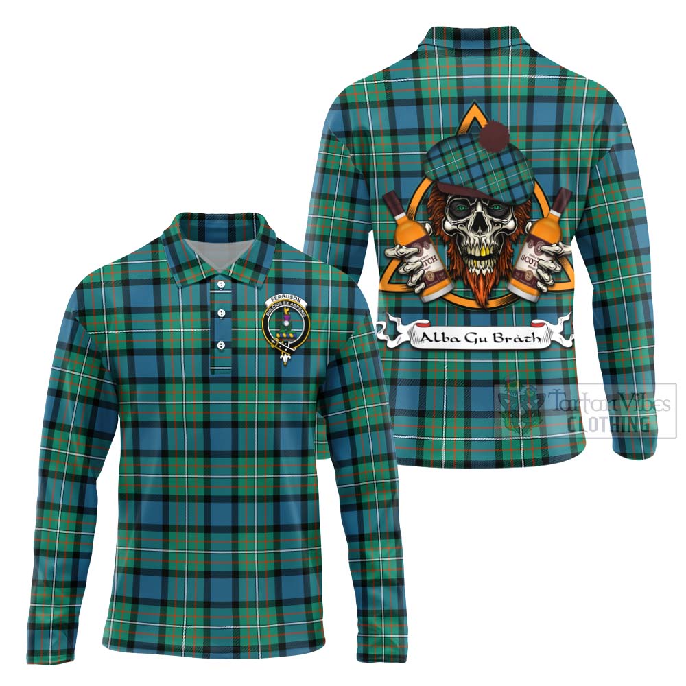 Tartan Vibes Clothing Ferguson (Fergusson) Tartan Long Sleeve Polo Shirt with Family Crest and Bearded Skull Holding Bottles of Whiskey