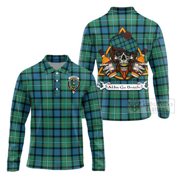 Ferguson (Fergusson) Tartan Long Sleeve Polo Shirt with Family Crest and Bearded Skull Holding Bottles of Whiskey