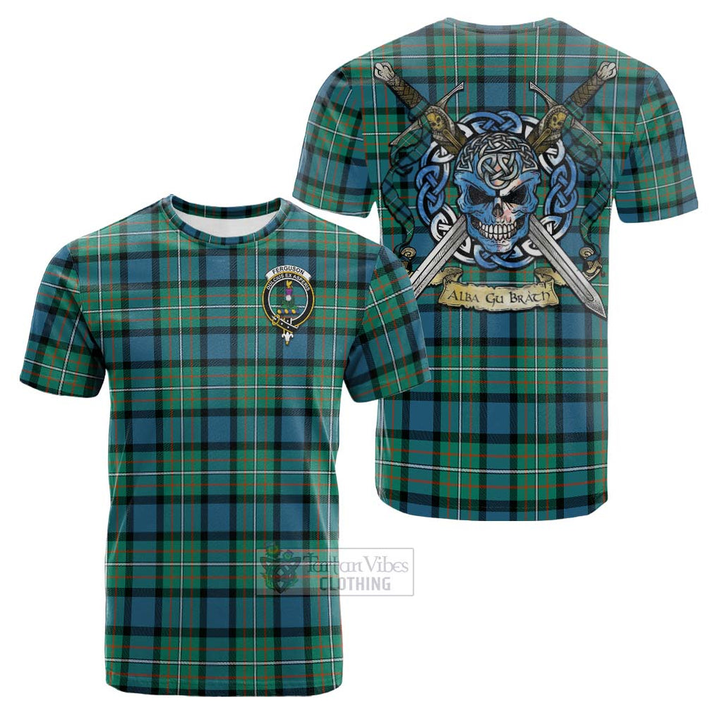 Tartan Vibes Clothing Ferguson (Fergusson) Tartan Cotton T-shirt with Family Crest Celtic Skull Style